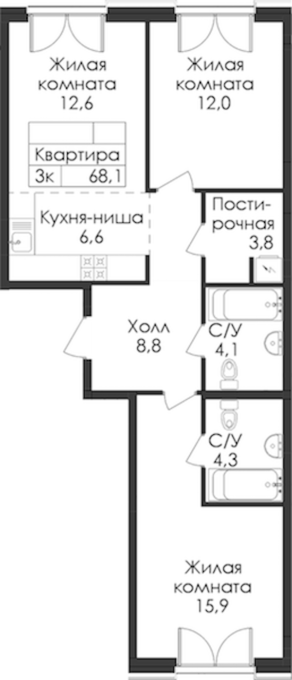 2-комнатная квартира 68.1 м², 3/9 эт., ЖК «Лермонтовский 54»